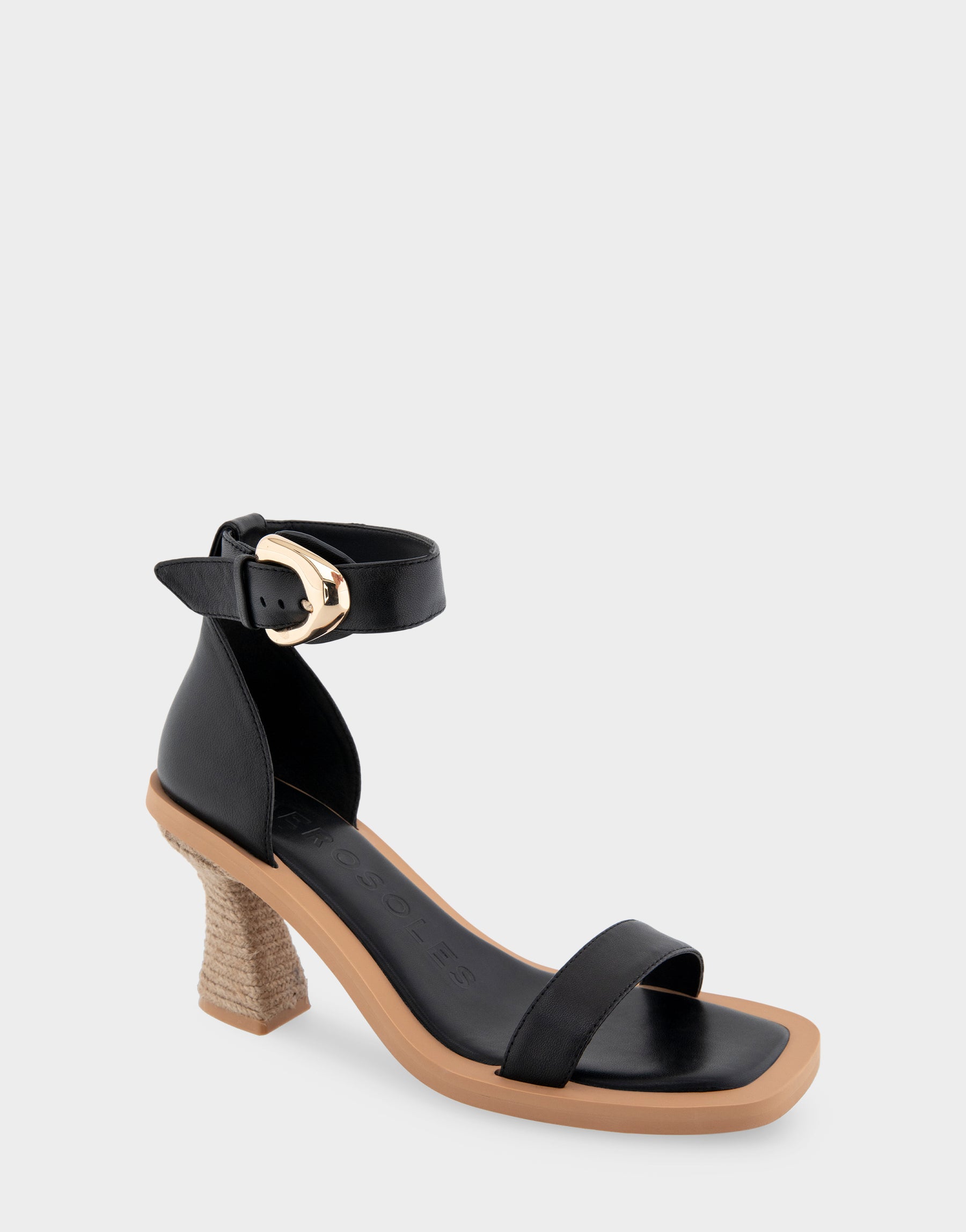 Calico Black Leather Ankle Strap Sculpted Heel Sandal – Aerosoles