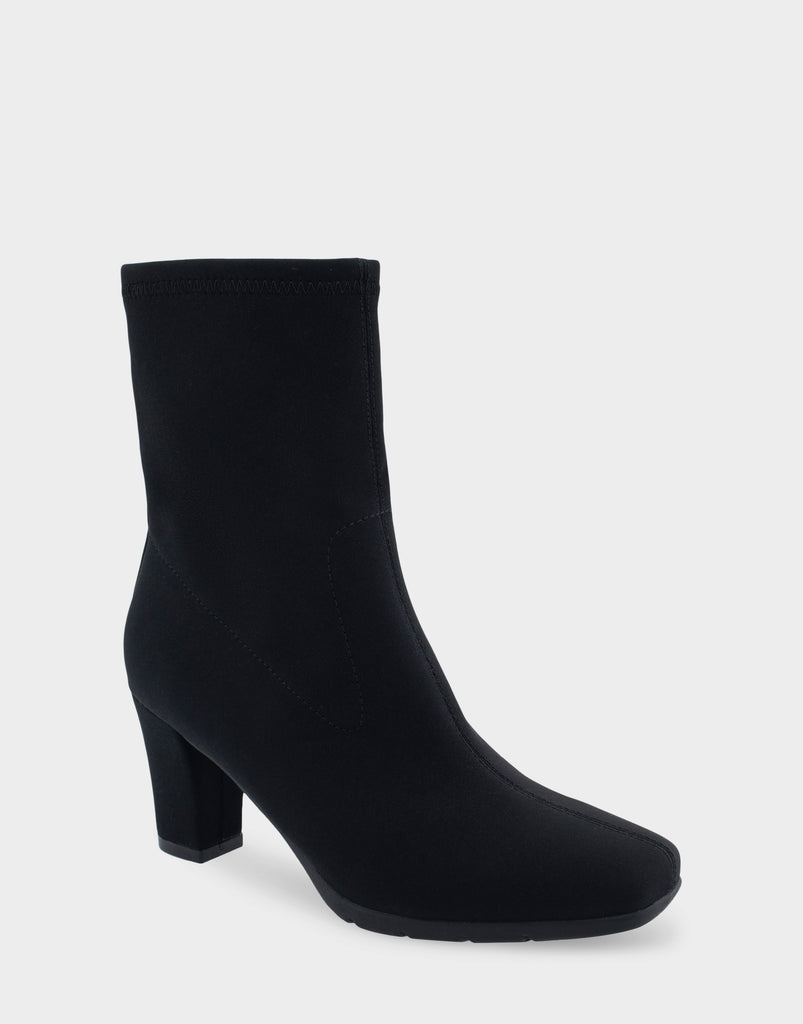 Cinnamon Black Stretch Gabardine Fabric Heeled Ankle Boot – Aerosoles