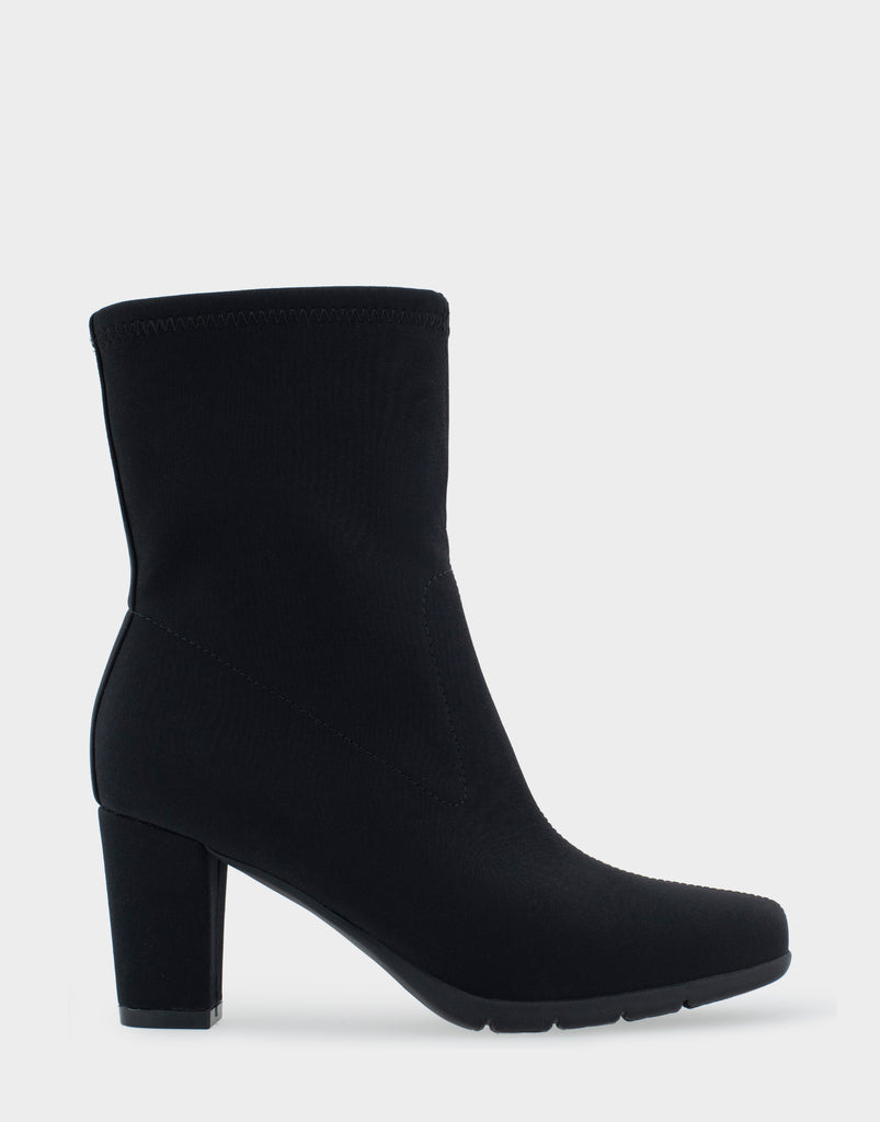 Cinnamon Black Stretch Gabardine Fabric Heeled Ankle Boot – Aerosoles