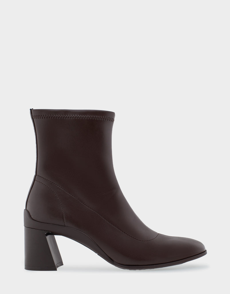 Corinda Brown Stretch Faux Leather Heeled Ankle Boot – Aerosoles