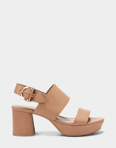 Nude Leather Platform Block Heel Sandal with Buckle Camera