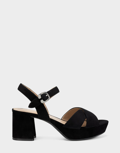 Black Suede Platform Block Heel Sandal with Buckle Cosmos – Aerosoles