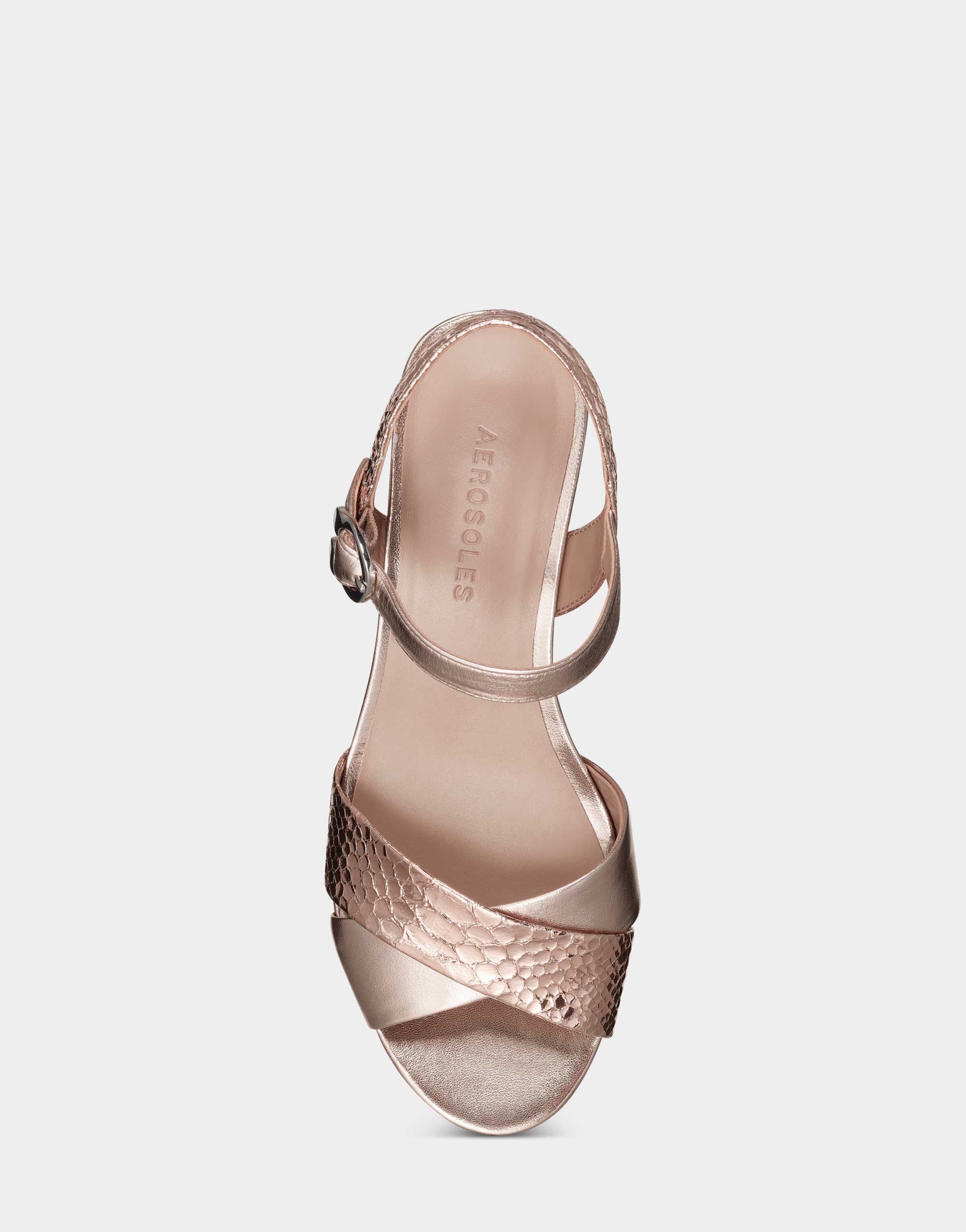 Rose Gold Leather Platform Block Heel Sandal with Buckle Cosmos