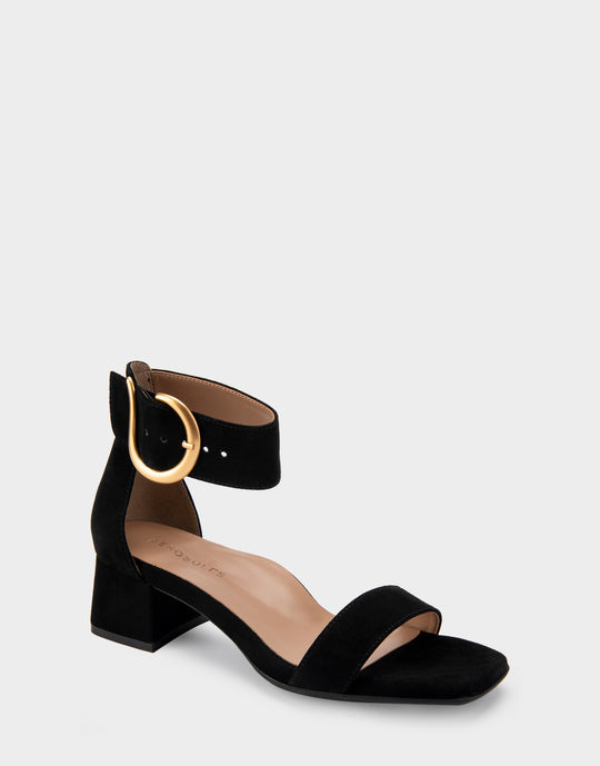 Eliza Black Genuine Suede Two Piece Mid Heel with Ankle Strap and ...